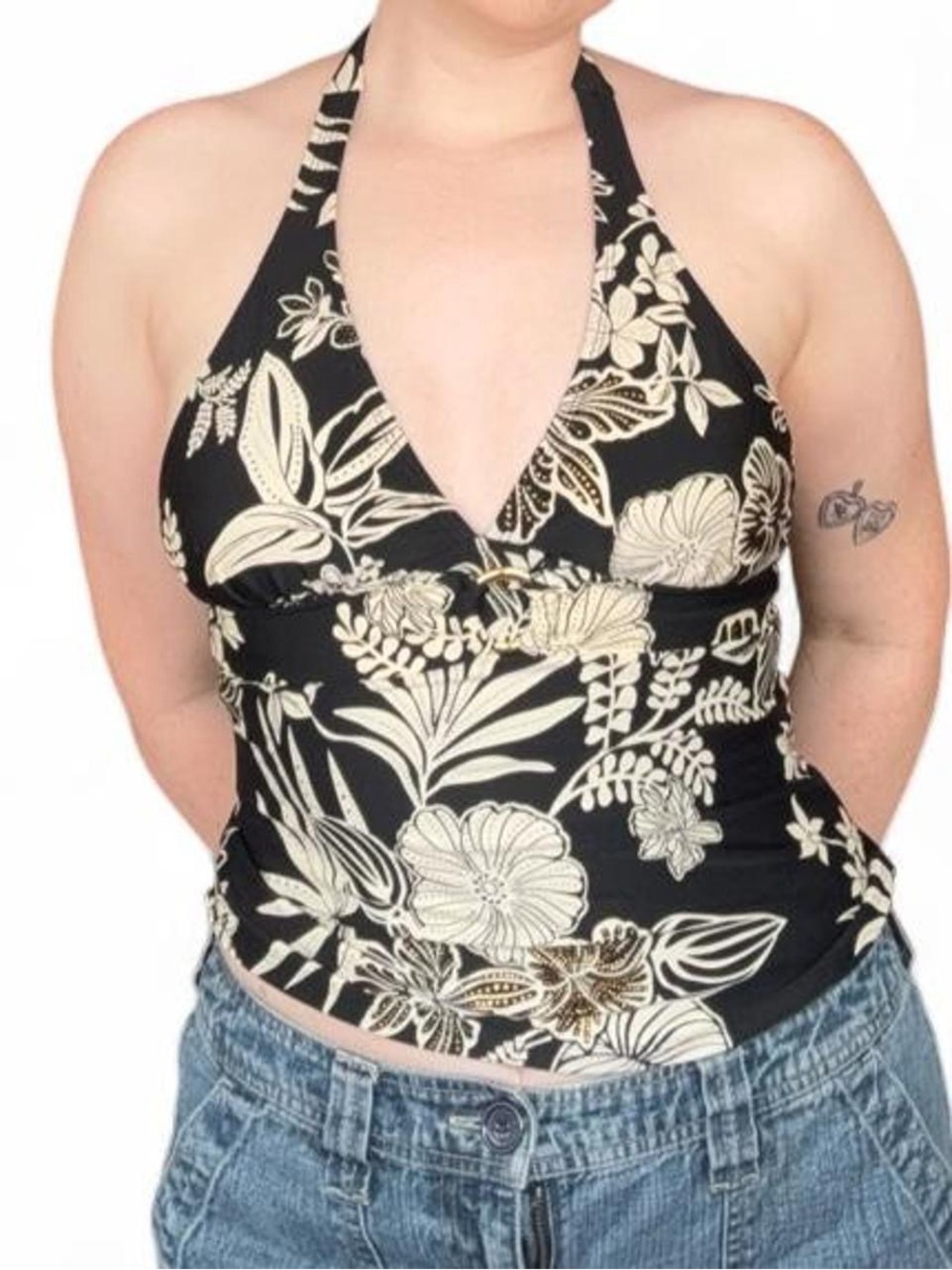 NWT NWD Tropical Floral Tankini Top // Black White Halter Swim Size 8 S
